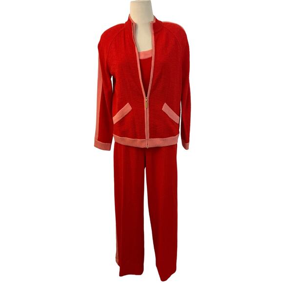 St. John 3-Piece Knit Tracksuit Set Pink/Red Cardigan Tank Top Pants | M/L - Picture 1 of 16